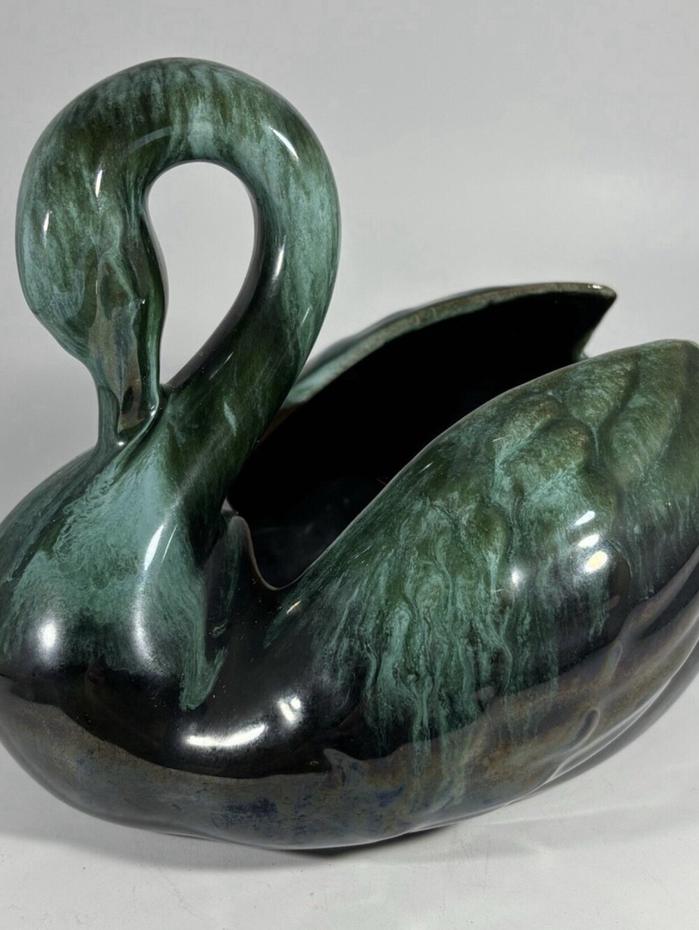 Vintage Blue Mountain Pottery Swan Green and Black Drip Glaze Redware Canada